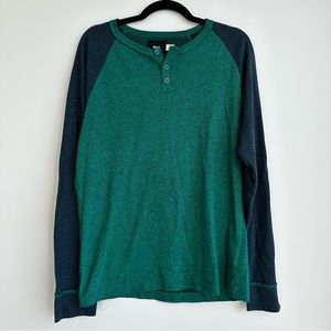 BDG Mens Long Sleeve Henley Color Block Shirt Green Large